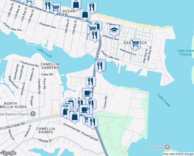 map of restaurants, bars, coffee shops, grocery stores, and more near 8145 Wisteria Place in Norfolk