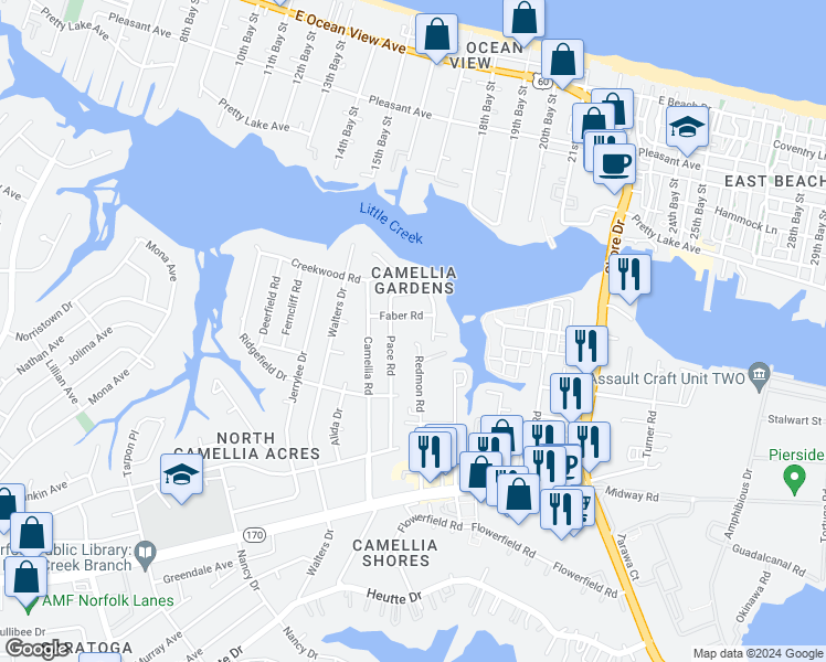 map of restaurants, bars, coffee shops, grocery stores, and more near 8126 Pace Road in Norfolk