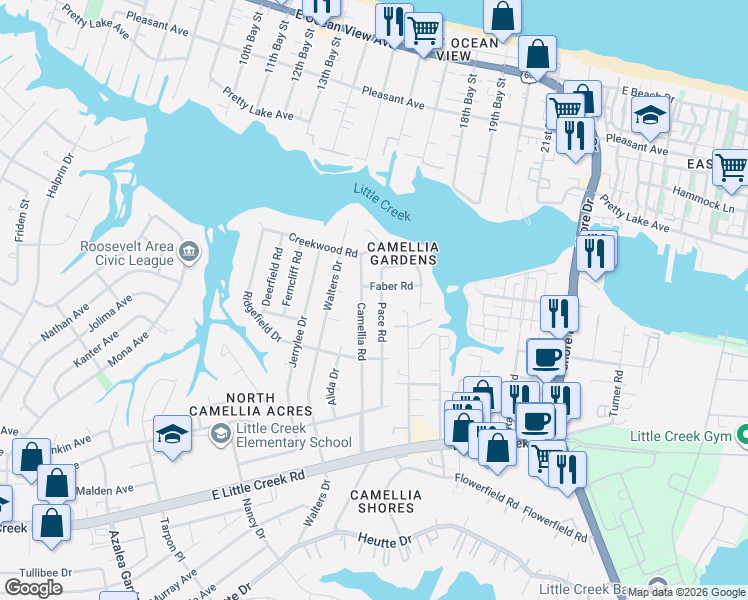 map of restaurants, bars, coffee shops, grocery stores, and more near 8126 Pace Road in Norfolk