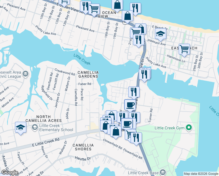 map of restaurants, bars, coffee shops, grocery stores, and more near 4087 Harbor Walk Avenue in Norfolk