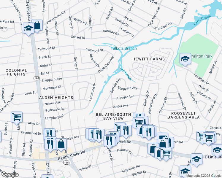 map of restaurants, bars, coffee shops, grocery stores, and more near 8221 Buffalo Court in Norfolk