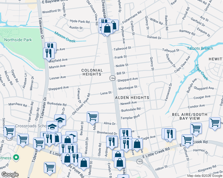 map of restaurants, bars, coffee shops, grocery stores, and more near 975 Lena Street in Norfolk