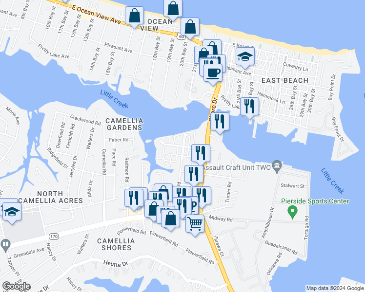 map of restaurants, bars, coffee shops, grocery stores, and more near 8262 N View Blvd in Norfolk