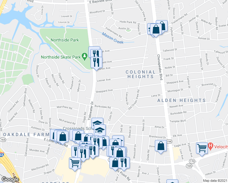 map of restaurants, bars, coffee shops, grocery stores, and more near 761 Sheppard Avenue in Norfolk