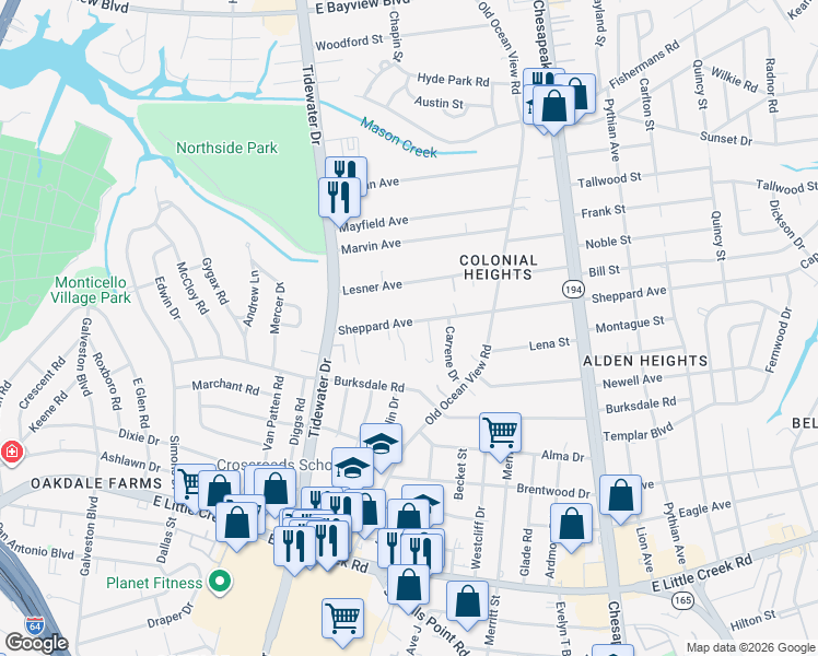 map of restaurants, bars, coffee shops, grocery stores, and more near 8232 Tabor Court in Norfolk
