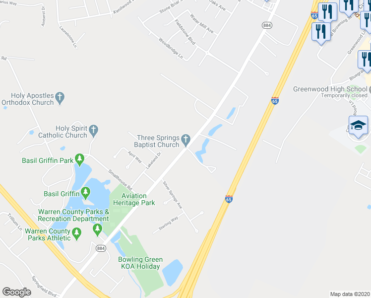 map of restaurants, bars, coffee shops, grocery stores, and more near 1440 Three Springs Road in Bowling Green