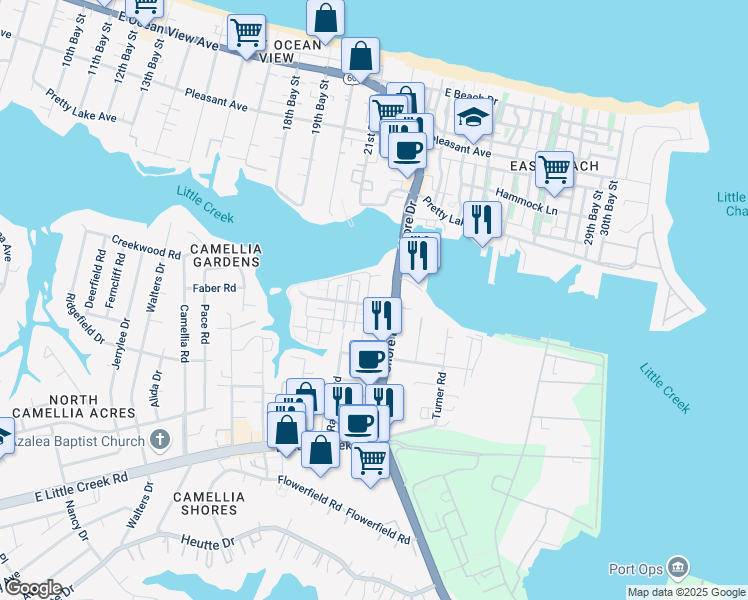 map of restaurants, bars, coffee shops, grocery stores, and more near 4240 Harbor Walk Avenue in Norfolk