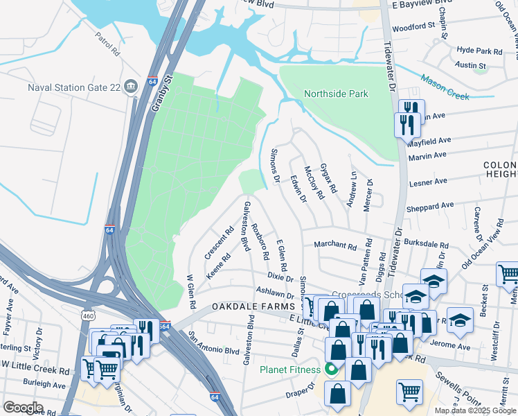 map of restaurants, bars, coffee shops, grocery stores, and more near 8045 East Glen Road in Norfolk
