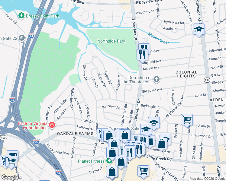 map of restaurants, bars, coffee shops, grocery stores, and more near 8205 McCloy Road in Norfolk