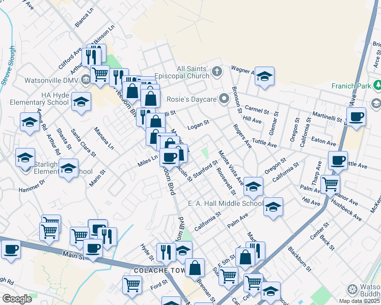 map of restaurants, bars, coffee shops, grocery stores, and more near 121 Alvarado Street in Watsonville