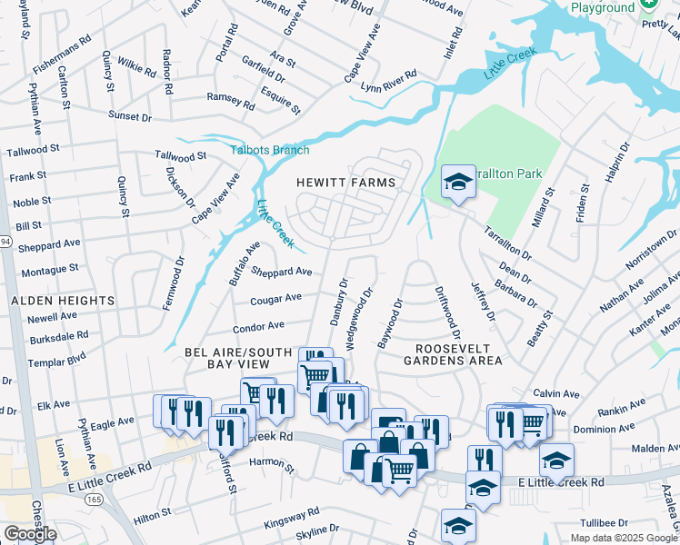 map of restaurants, bars, coffee shops, grocery stores, and more near 8212 Danbury Drive in Norfolk