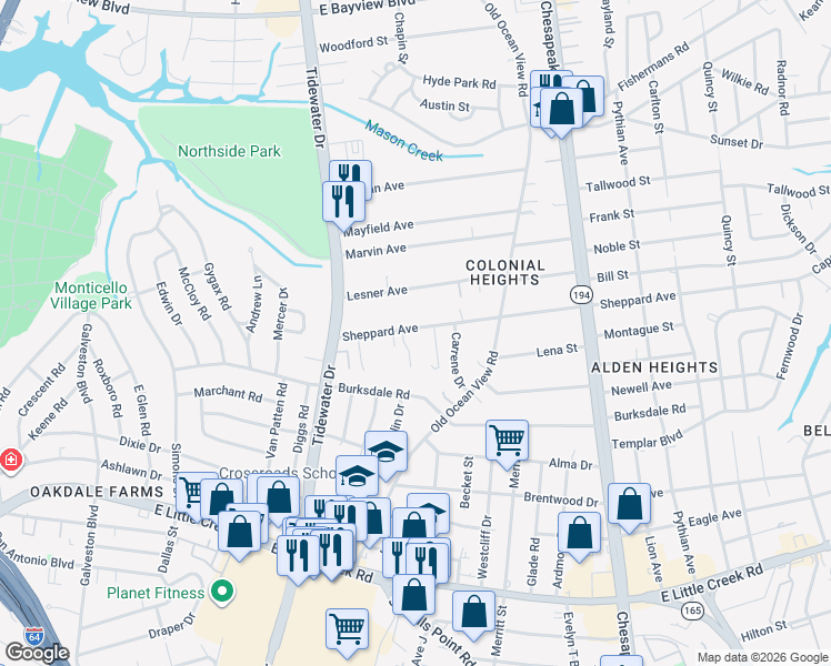 map of restaurants, bars, coffee shops, grocery stores, and more near 8232 Tabor Court in Norfolk