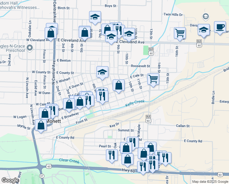 map of restaurants, bars, coffee shops, grocery stores, and more near East Bond Street in Monett