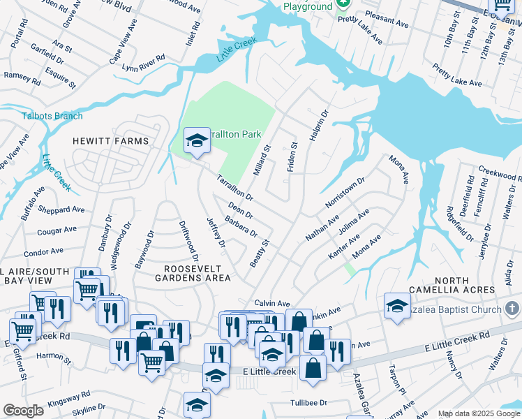 map of restaurants, bars, coffee shops, grocery stores, and more near 2217 Tarrallton Drive in Norfolk