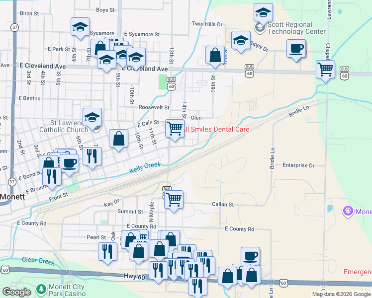 map of restaurants, bars, coffee shops, grocery stores, and more near 1401 East Broadway Street in Monett