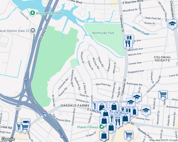 map of restaurants, bars, coffee shops, grocery stores, and more near 8211 Simons Drive in Norfolk