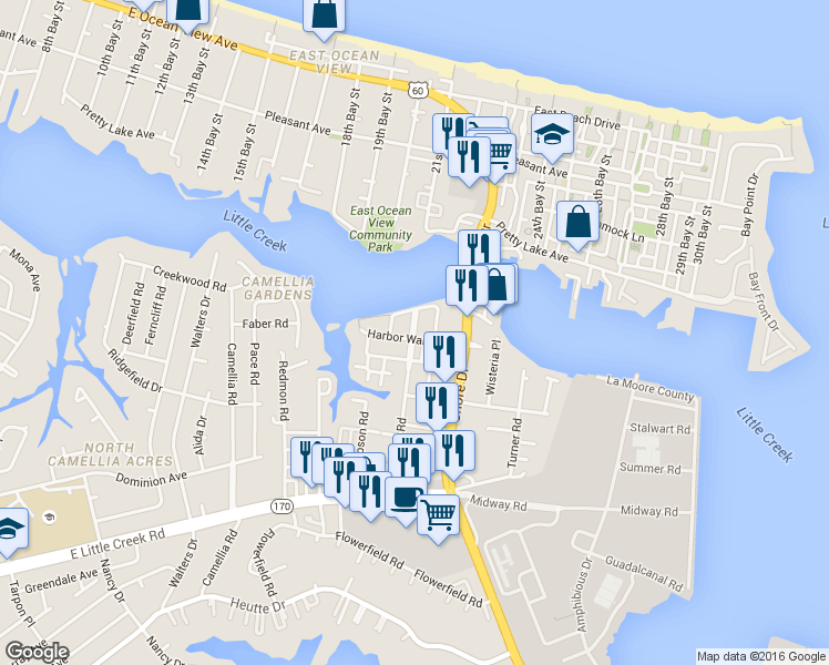 map of restaurants, bars, coffee shops, grocery stores, and more near 8333 North View Boulevard in Norfolk