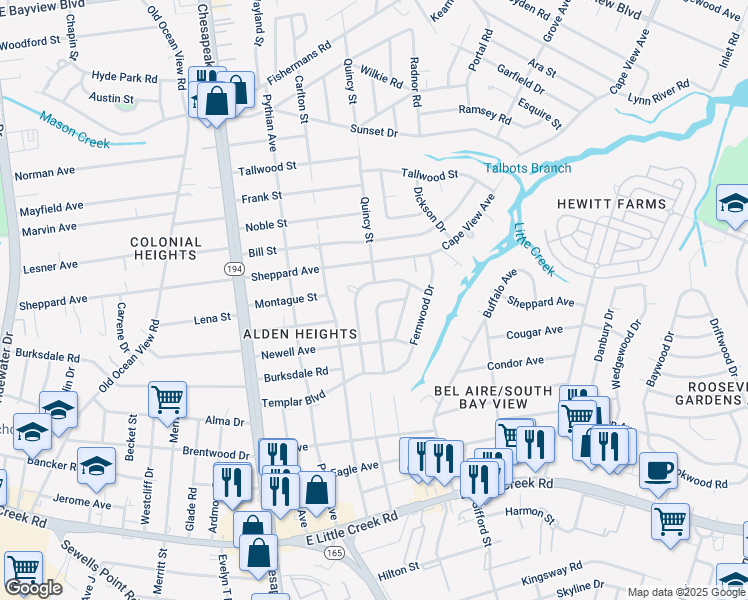 map of restaurants, bars, coffee shops, grocery stores, and more near 8238 Redwood Circle in Norfolk