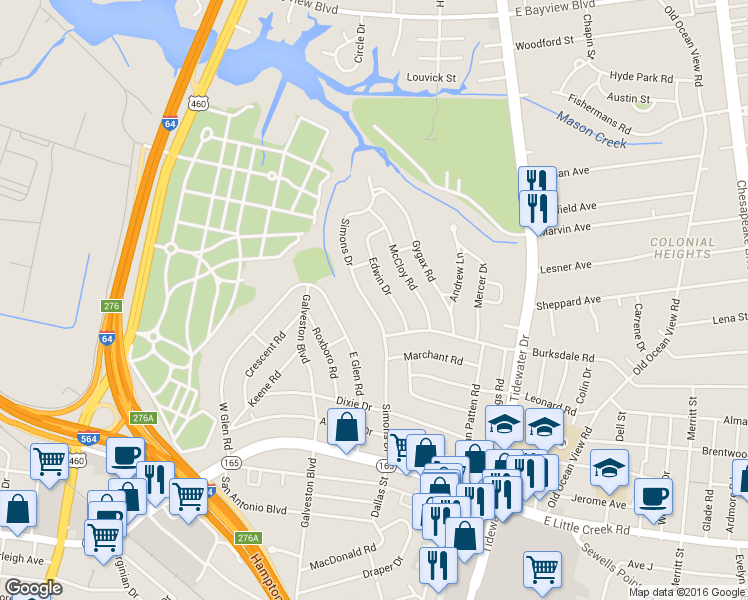 map of restaurants, bars, coffee shops, grocery stores, and more near 8211 Simons Drive in Norfolk
