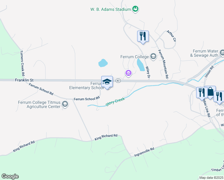 map of restaurants, bars, coffee shops, grocery stores, and more near 660 Ferrum School Road in Ferrum