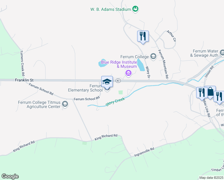 map of restaurants, bars, coffee shops, grocery stores, and more near 660 Ferrum School Road in Ferrum