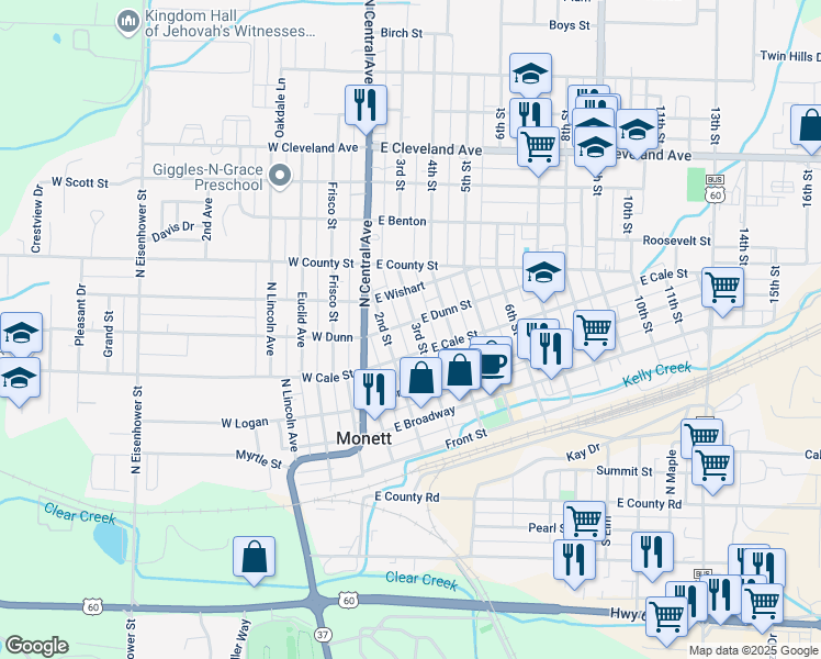 map of restaurants, bars, coffee shops, grocery stores, and more near 400 East Cale Street in Monett