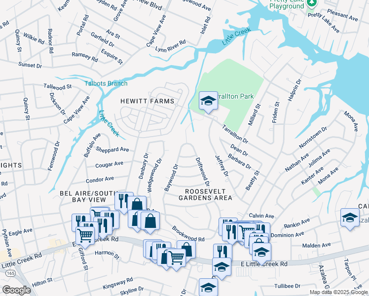 map of restaurants, bars, coffee shops, grocery stores, and more near 8236 Baywood Drive in Norfolk