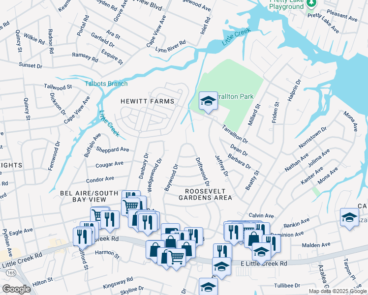 map of restaurants, bars, coffee shops, grocery stores, and more near 8236 Baywood Drive in Norfolk