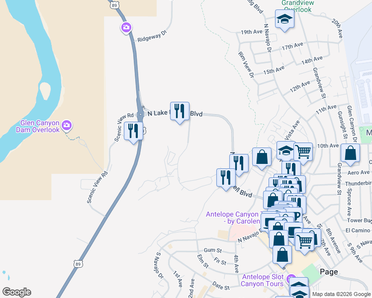 map of restaurants, bars, coffee shops, grocery stores, and more near Clubhouse Drive in Page