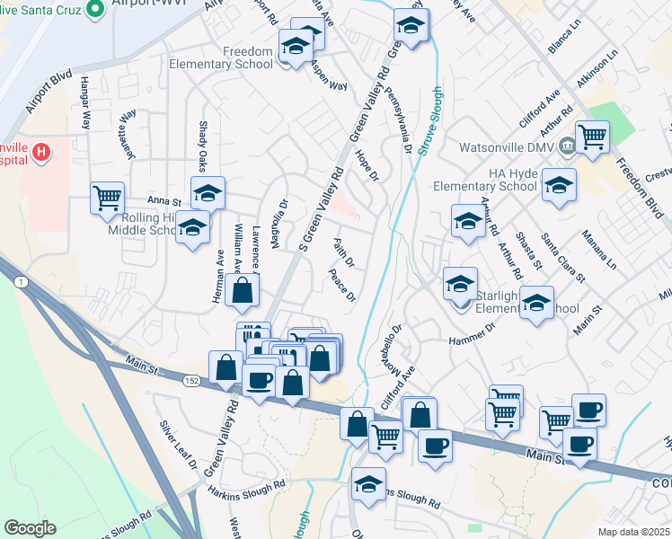 map of restaurants, bars, coffee shops, grocery stores, and more near 78 Peace Drive in Watsonville