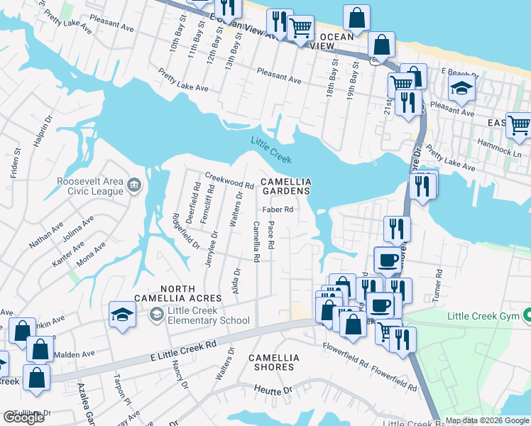 map of restaurants, bars, coffee shops, grocery stores, and more near 8126 Pace Road in Norfolk