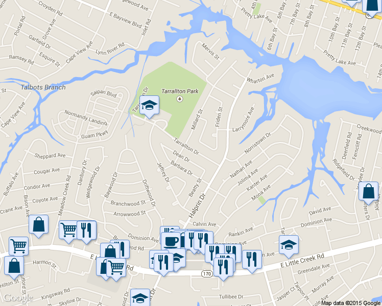 map of restaurants, bars, coffee shops, grocery stores, and more near 2213 Dean Drive in Norfolk