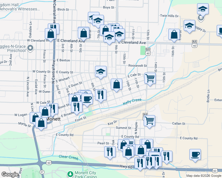 map of restaurants, bars, coffee shops, grocery stores, and more near 544 Farm Road 1120 in Monett