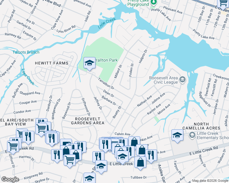 map of restaurants, bars, coffee shops, grocery stores, and more near 2217 Dean Drive in Norfolk