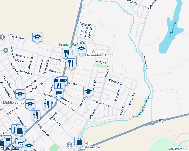 map of restaurants, bars, coffee shops, grocery stores, and more near 705 Cedar Drive in Watsonville