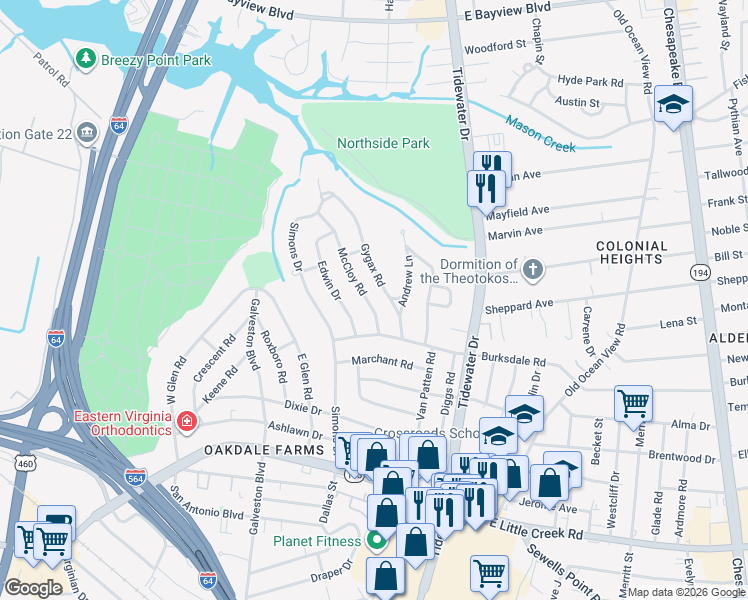 map of restaurants, bars, coffee shops, grocery stores, and more near 8205 McCloy Road in Norfolk
