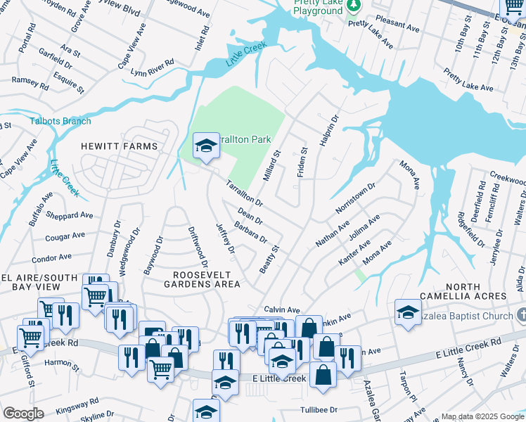 map of restaurants, bars, coffee shops, grocery stores, and more near 2209 Tarrallton Drive in Norfolk