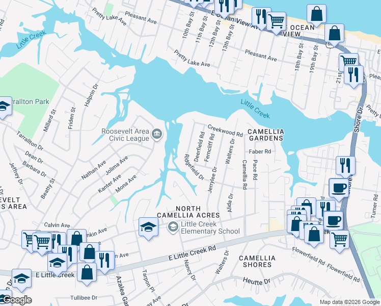 map of restaurants, bars, coffee shops, grocery stores, and more near 8121 Ridgefield Drive in Norfolk