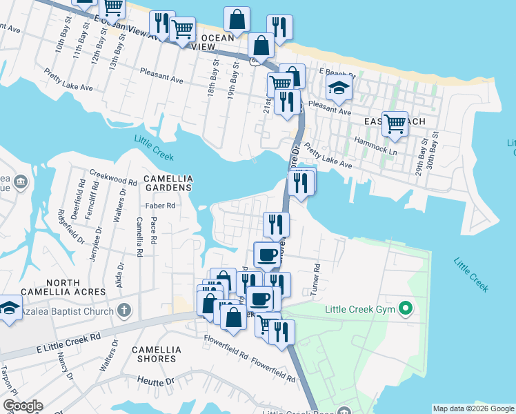 map of restaurants, bars, coffee shops, grocery stores, and more near 8313 North View Boulevard in Norfolk