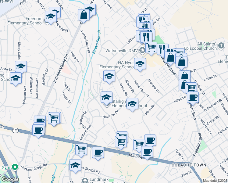 map of restaurants, bars, coffee shops, grocery stores, and more near 308 Arthur Road in Watsonville