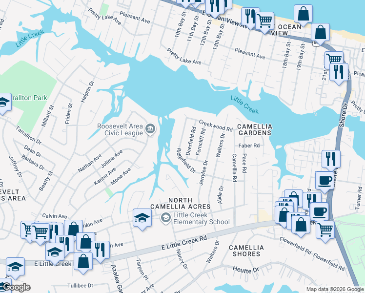 map of restaurants, bars, coffee shops, grocery stores, and more near 8121 Ridgefield Drive in Norfolk