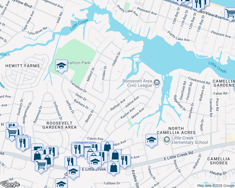 map of restaurants, bars, coffee shops, grocery stores, and more near 8347 Norristown Drive in Norfolk