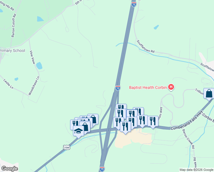 map of restaurants, bars, coffee shops, grocery stores, and more near in Corbin