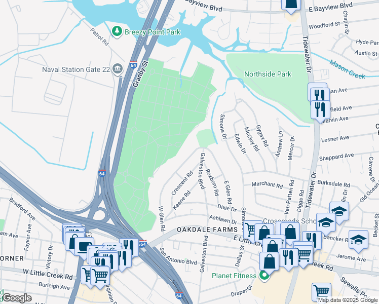 map of restaurants, bars, coffee shops, grocery stores, and more near 8063 West Glen Road in Norfolk