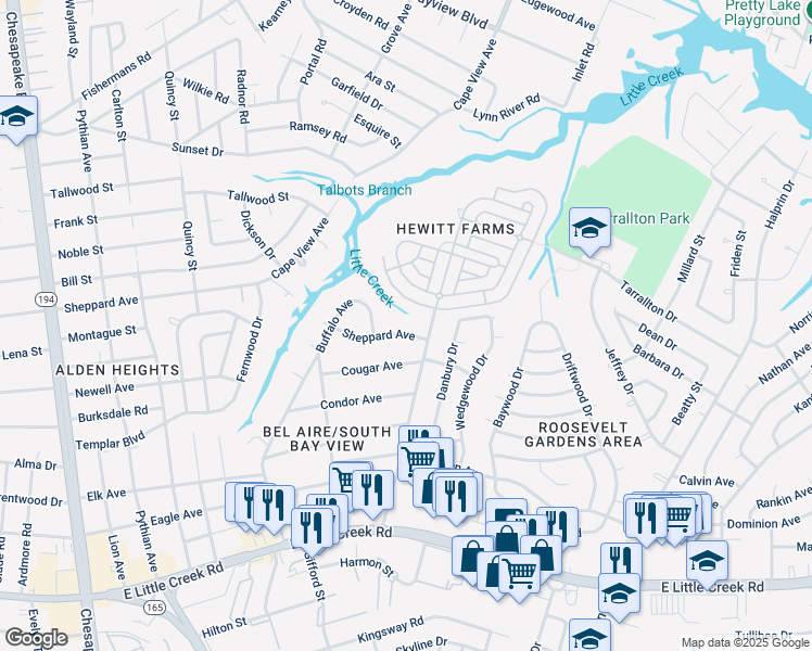 map of restaurants, bars, coffee shops, grocery stores, and more near 1680 Sheppard Avenue in Norfolk