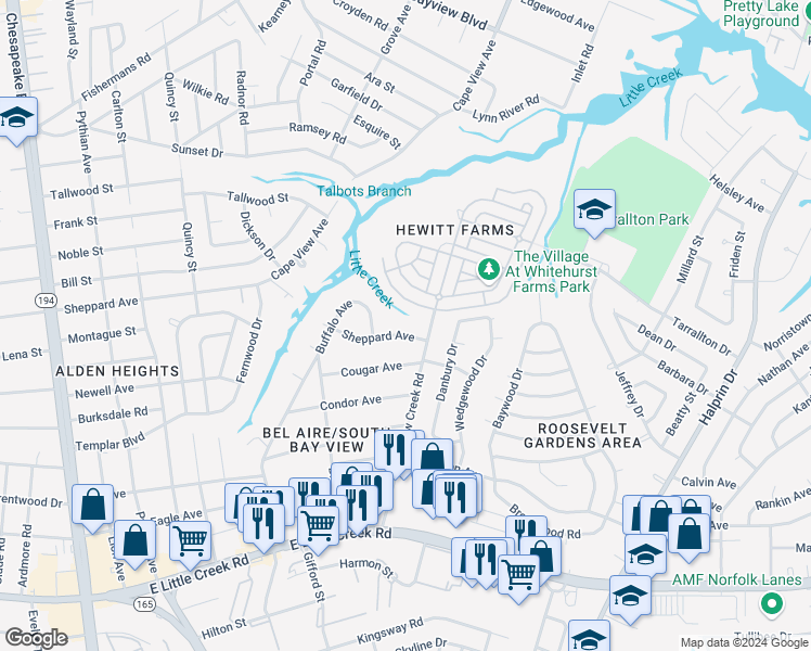 map of restaurants, bars, coffee shops, grocery stores, and more near 1680 Sheppard Avenue in Norfolk