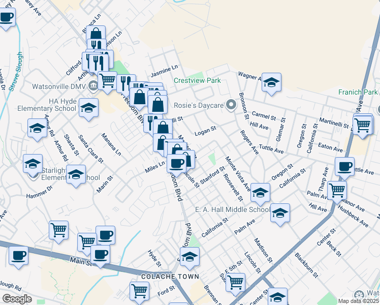 map of restaurants, bars, coffee shops, grocery stores, and more near 219 Prospect Street in Watsonville