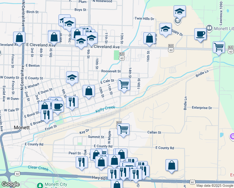 map of restaurants, bars, coffee shops, grocery stores, and more near 320 North Belaire Street in Monett