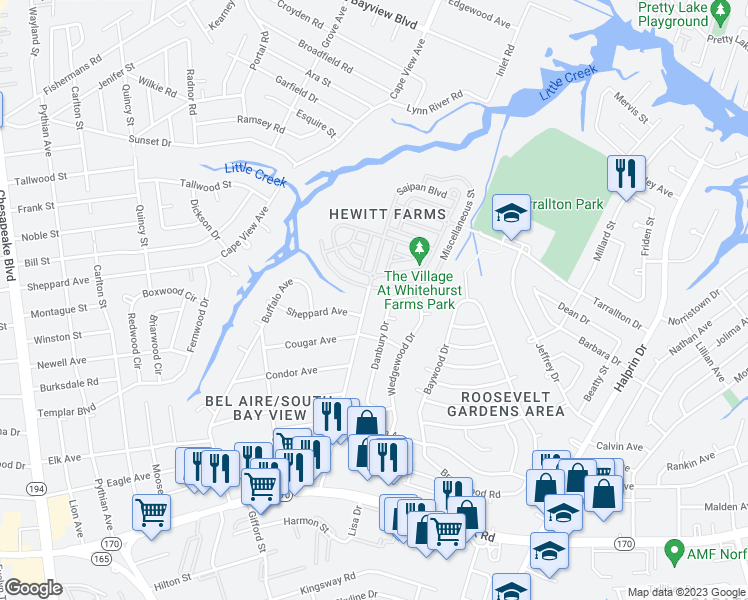 map of restaurants, bars, coffee shops, grocery stores, and more near 8236 Meadow Creek Road in Norfolk