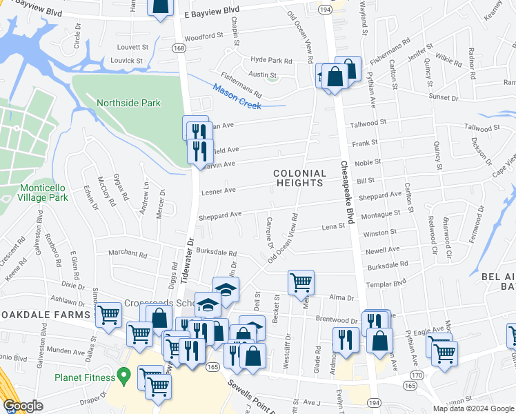 map of restaurants, bars, coffee shops, grocery stores, and more near 784 Sheppard Avenue in Norfolk